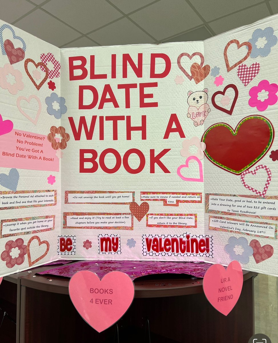 MountaineersMC's tweet image. Students, with Valentine’s Day near, stop by the media center and go on a Blind Date With a Book! Prizes are given for participating. Grand prize is one of two gift cards for a dinner out! #highschoolreaders #hhsistheplacetobe