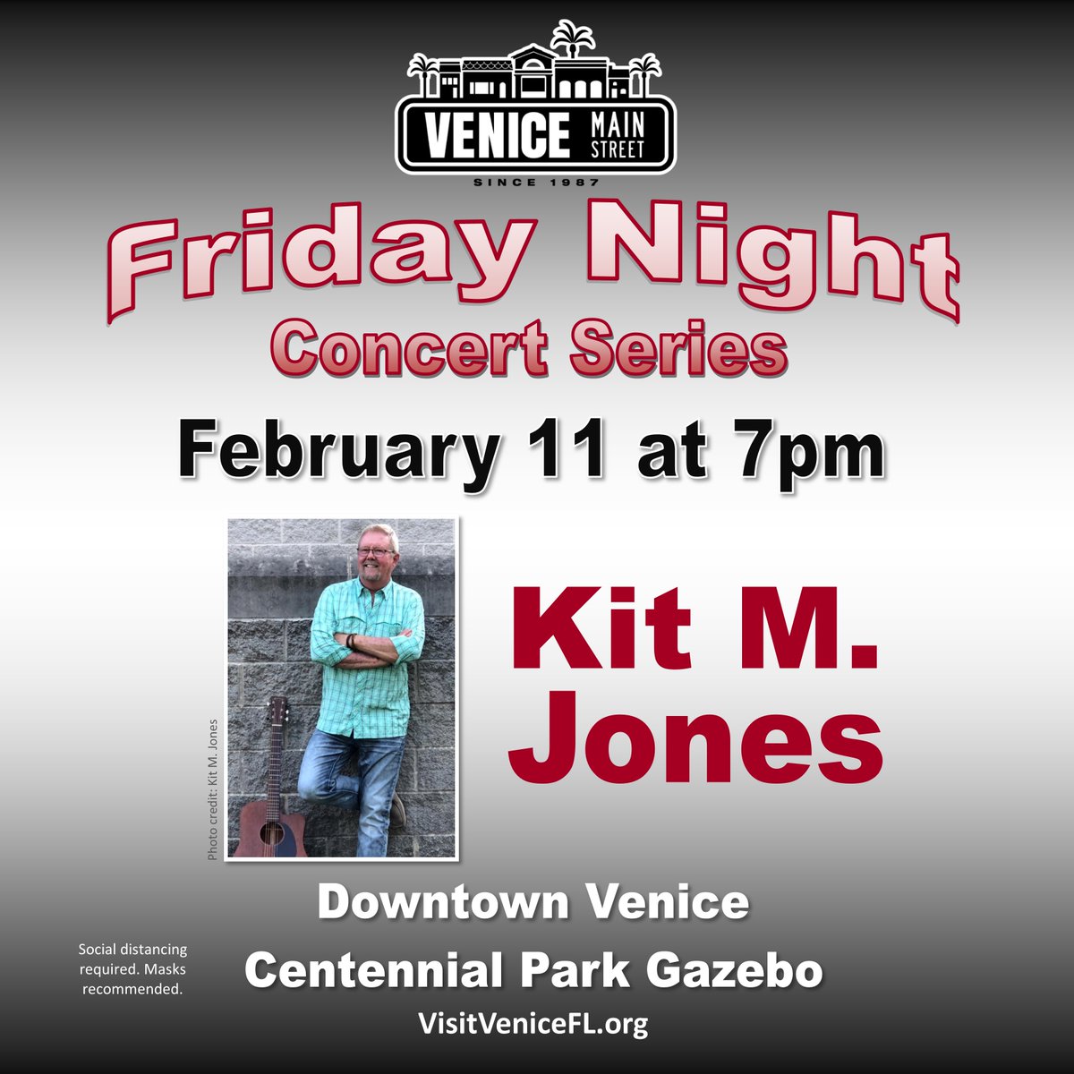 VeniceMainSt's tweet photo. Enjoy a free concert in downtown Venice! Kit M. Jones performs February 11th at 7pm at the gazebo in Centennial Park. Sponsored by Venice MainStreet. 🎼🎤🎸 
Concerts are held the second and fourth Fridays each month. 
See the schedule at https://t.co/PUL8TzDB3u https://t.co/Z6XgF6Y17G