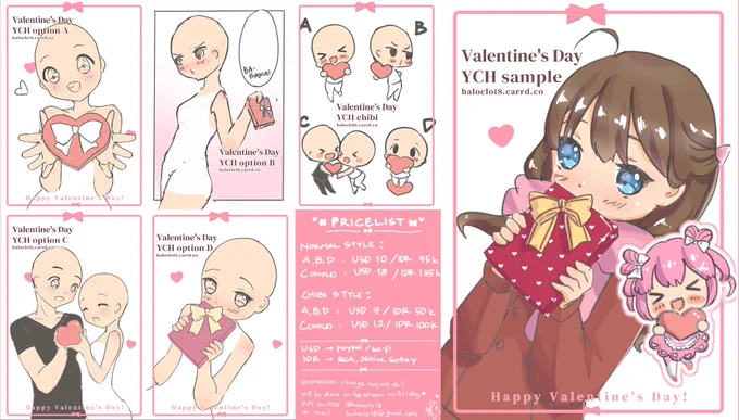 hello! I'm opening YCH #commission for Valentine's day! price as listed, will be done on/off stream on Friday! 
payment via paypal/ko-fi~ 
slot are 5 for normal style and 5 for chibi style for now~ 