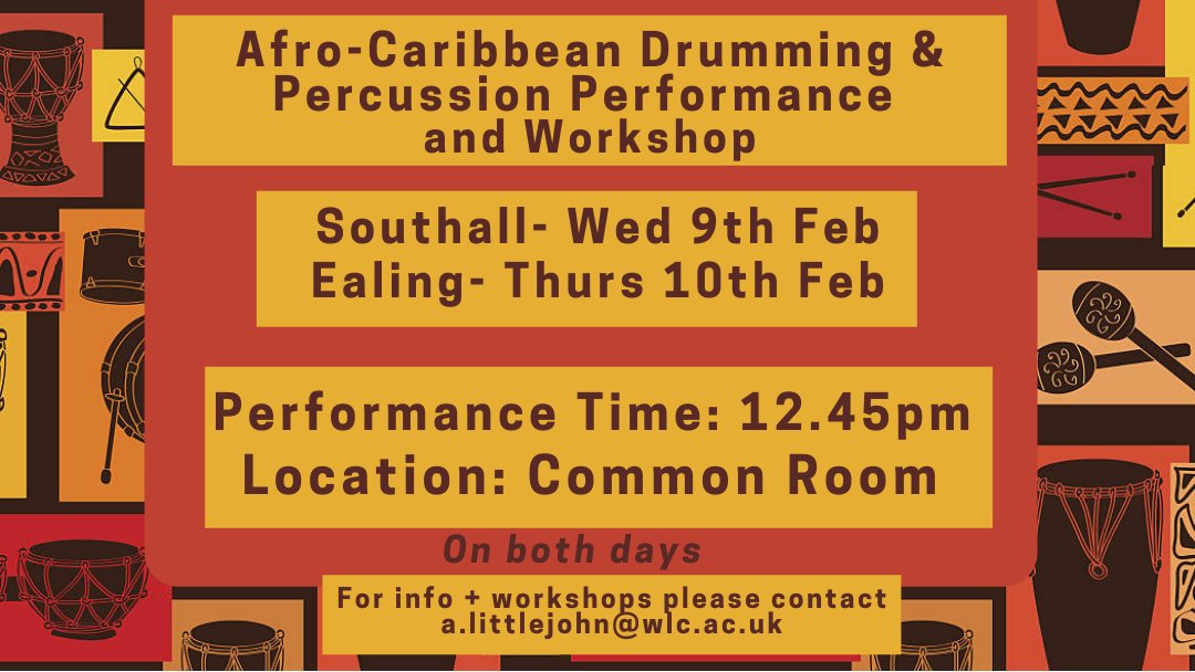 westlondoncol's tweet photo. In celebration of Race Equality Week, Afro-Caribbean Drumming group 'Drum Carib' will be performing and delivering drumming and percussion workshops at Southall and Ealing.
Hope to see you there!!! 🎶😁🎶
#REW2022 #ActionNotJustWords #MyNameIs #BigPromise https://t.co/Uq7PNXaDM2