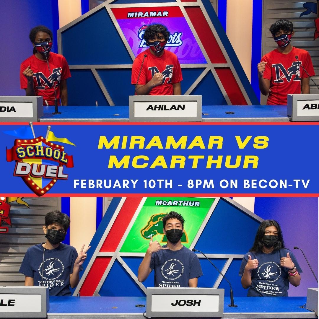 School Duel begins Thursday!

Watch #MiramarHigh vs #McArthurHigh, this Thursday Feb, 10th at 8pm on <a href="/BECONTV/">BECON-TV</a>
(ch 488 &amp; 19 Comcast, ch63 AT&amp;T/Dish/Directv)

<a href="/msformoso/">Director Formoso</a> <a href="/abroomsville/">One Nation, Panther Nation!</a> <a href="/browardschools/">Broward County Public Schools</a> <a href="/LISALEEINC/">Lisa Lee Arneaud</a>