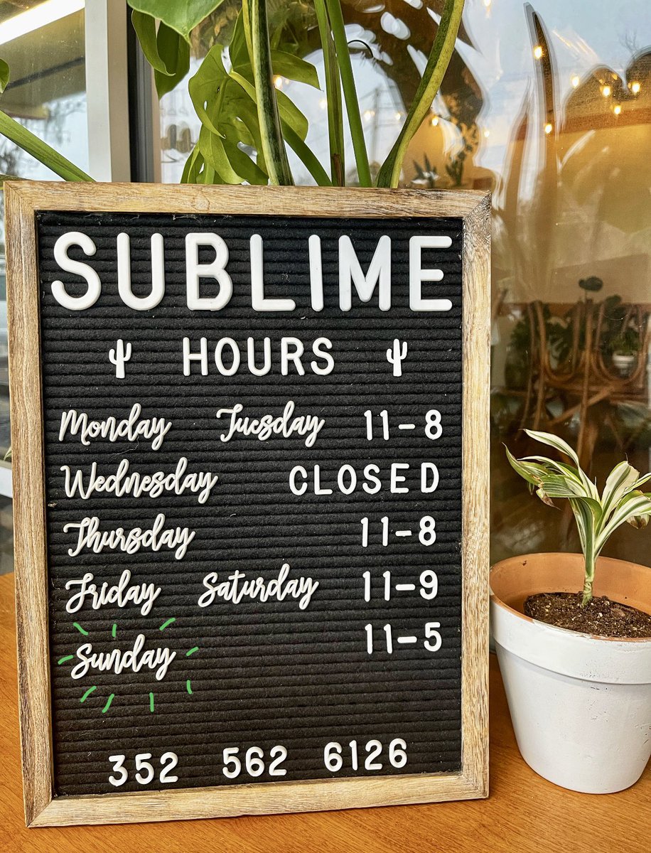 SublimeTacosGNV's tweet photo. Here’s our hours this week👇🏽  We’ll also be open this SUNDAY from 11AM-5PM
.
🏠 317 SW 4th Ave
Monday + Tuesday 11AM-8PM
Wednesday CLOSED
Thursday 11AM-8PM 
Friday + Saturday 11AM-9PM
Sunday 11AM-5PM
.
#SUBLIME #SublimeTacos #SublimeGainesville #Gainesville #DowntownGainesville https://t.co/XGi3vPWhj9