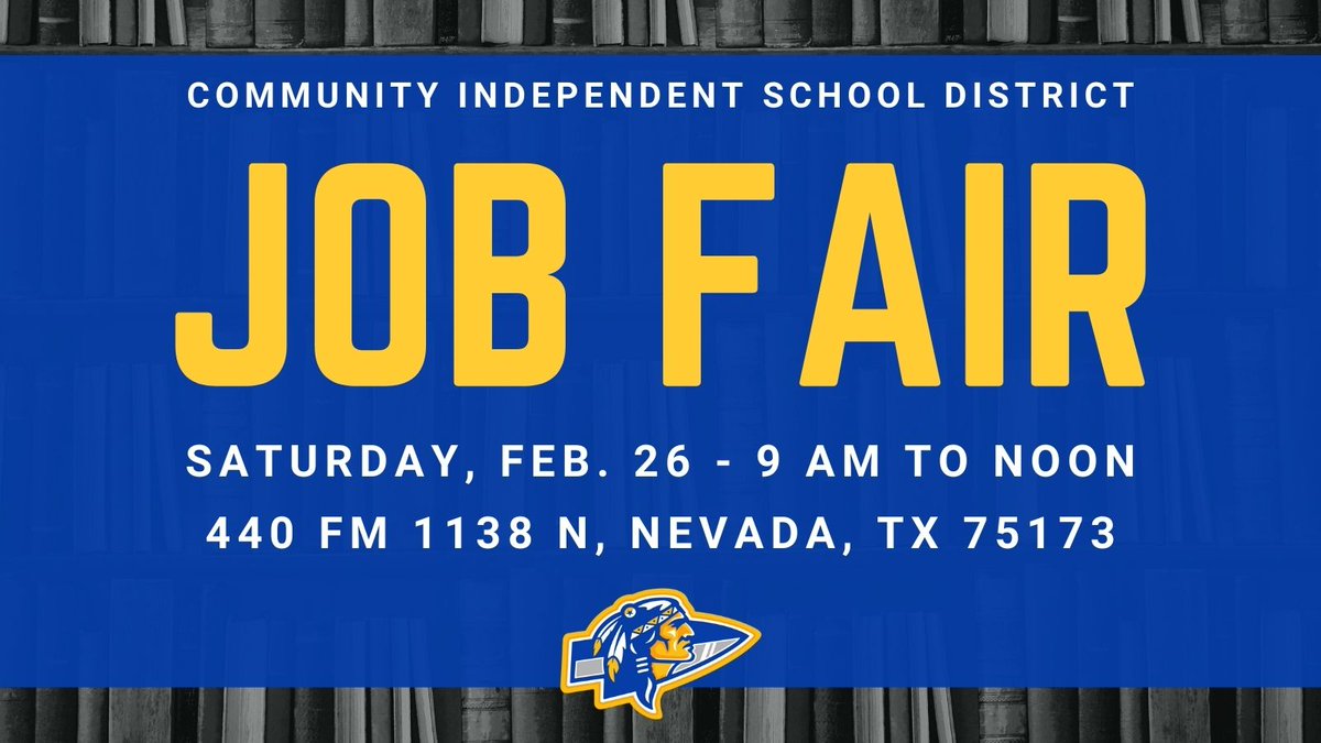 You're invited to the inaugural Community ISD on-campus Job Fair! 

The event will take place on Saturday, Feb. 26, from 9 am to noon at Community High School, located at 440 N FM-1138, Nevada, TX 75173.

Learn more and register:
cisd.tiny.us/jobfairregister