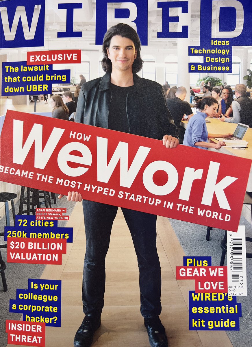 antlers's tweet photo. Really enjoyed reading the story of WeWork in the book by @eliotwb and @maureenmfarrell.

Randomly found an old @WIRED when they were at the zenith of their power.

Such a crazy story - how revenue growth at all costs and the vanity of increasing valuation ended in disaster 🤯 https://t.co/KBf5l0gcS2