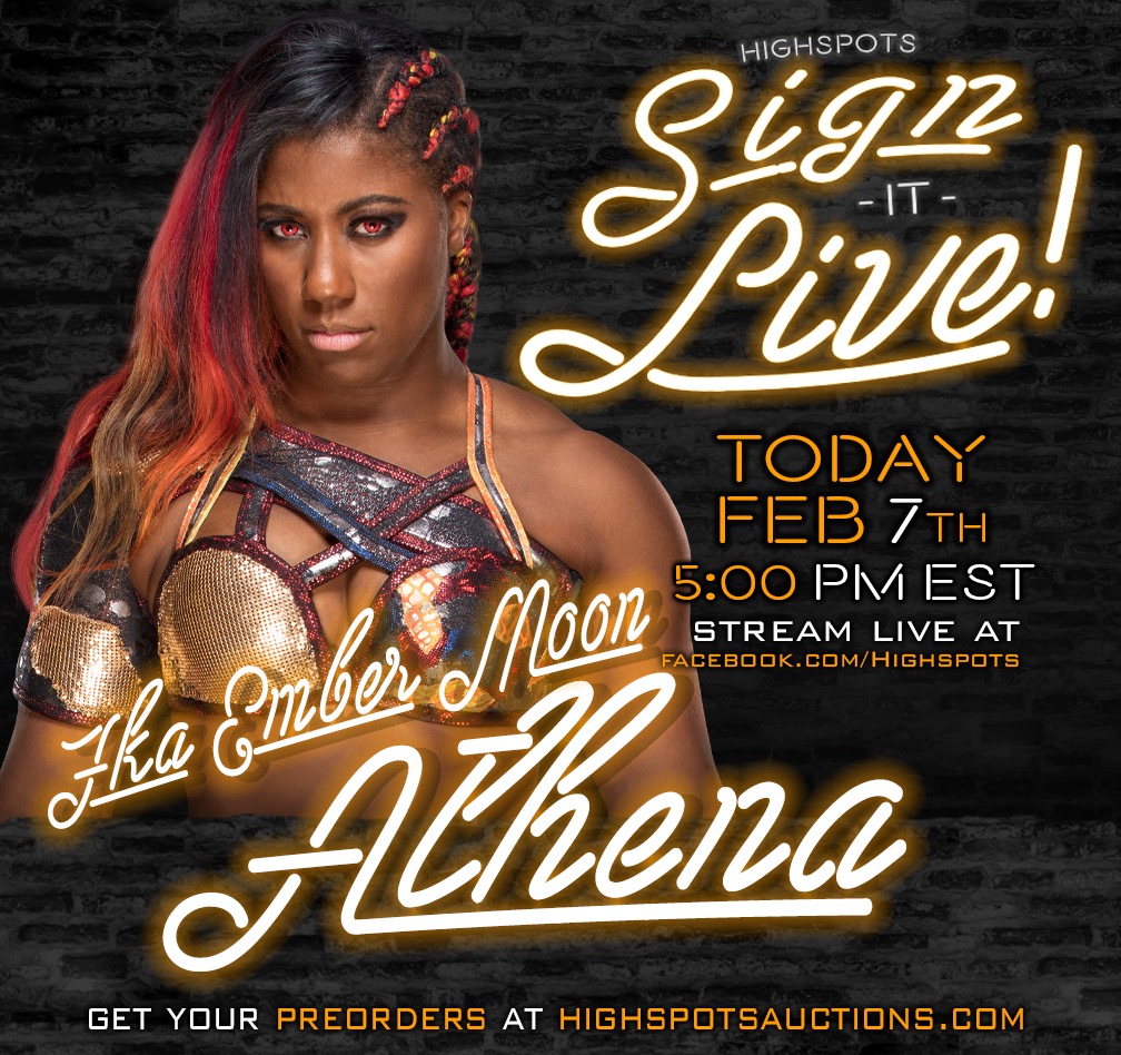 Highspots's tweet photo. Tonight join us for "Sign It Live" at the EARLY START TIME OF 5pm ET with special guest, @AthenaPalmer_FG

All remaining items available for pre-order can be found at https://t.co/HHKzRusWrq.

https://t.co/XxzPkxUFIc 

#Athena #EmberMoon #SignItLive #SIL #highspotsauctions https://t.co/OwjxyZyXy4