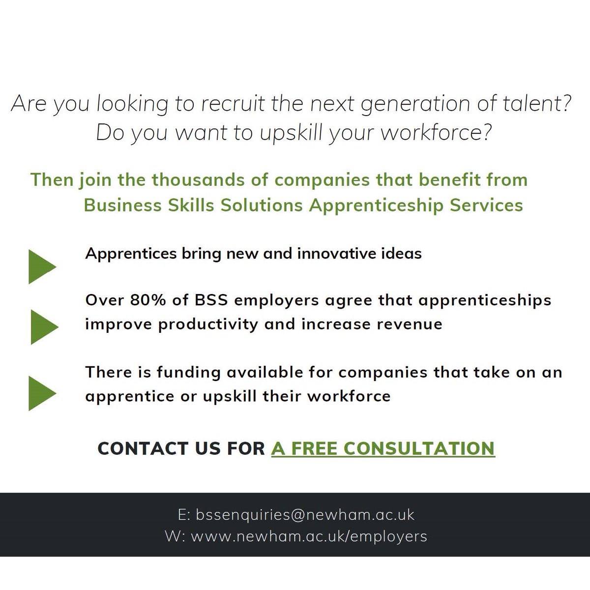 Come and find out more about how Business Skills Solutions can help you to recruit or upskill staff to boost your business.
*
BSS will be at Expressway, 1 Dock Road, London, E16 1AH on 9th February for informal meetings. Call reception on 0207 476 9707 to arrange a time.