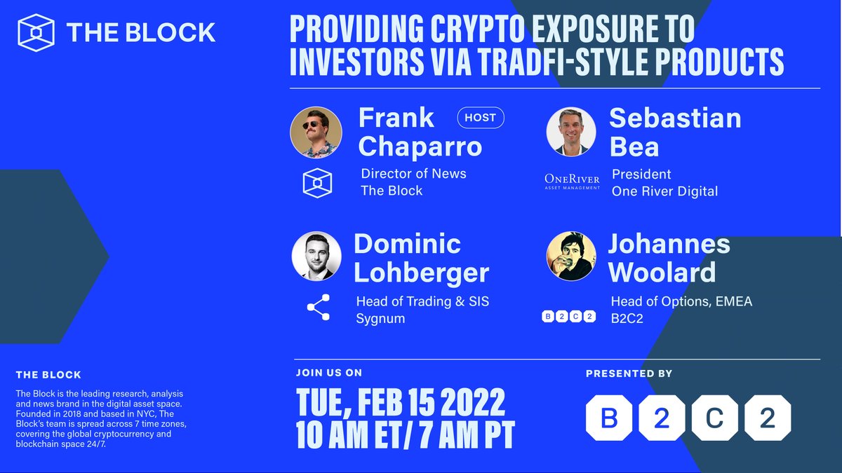 TheBlockCo's tweet photo. 🚨Webinar Alert🚨

Join us 2/15 at 10am ET for a discussion about Tradfi-Style products, hosted by @fintechfrank with panelists @sebastianbea of One River Digital, Dominic Lohberger of @sygnumofficial and Johannes Woolard of @B2C2Group 

Register here:
https://t.co/xBS98uWPAg https://t.co/cJhJD8ui4v