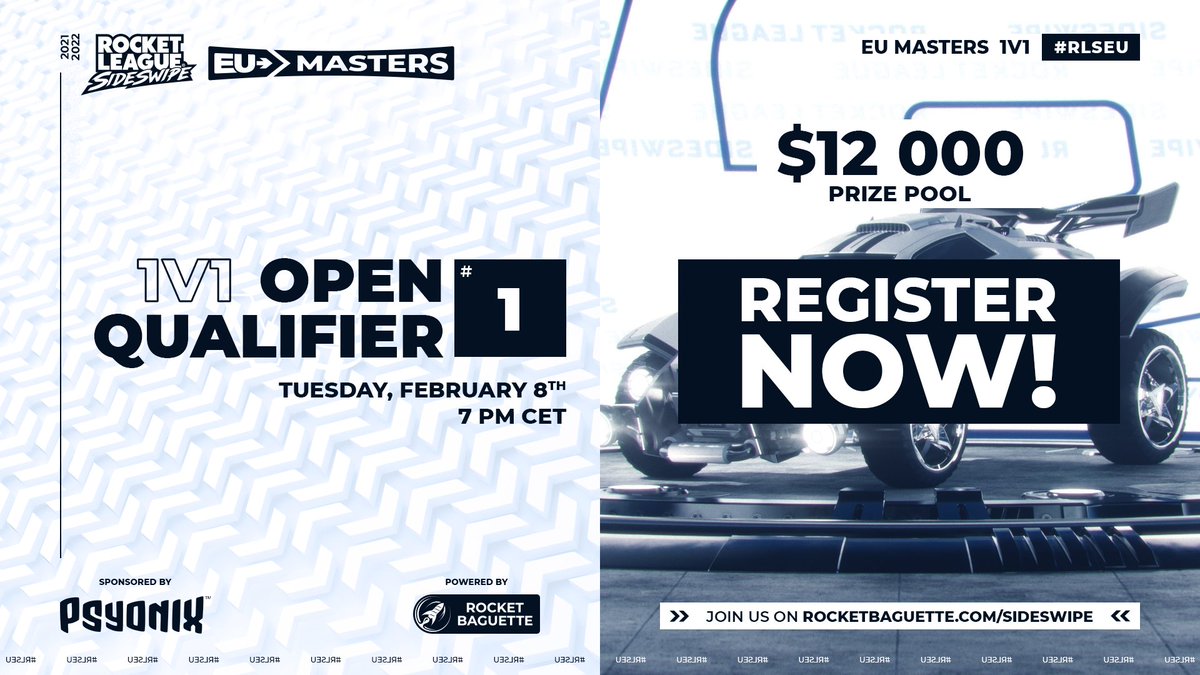 RocketBaguette's tweet photo. π’ The #RLSideswipe EU 1v1 Masters are coming!
Two players will qualify for the $12,000 EU 1v1 Masters tomorrow #RLSEU
β° Registrations are open until 6:30 pm CET tomorrow.
Complete info: https://t.co/zqjfqUv3YD https://t.co/xscysvUzWo