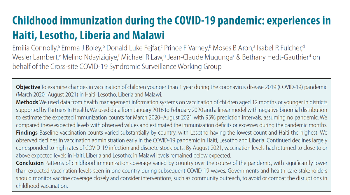 JUST OUT: How has the pandemic affected immunizations in Haiti, Lesotho, Liberia and Malawi? 1/4 Work led by Emi Connolly from @PIHMalawi_APZU and @jean_boley formally PIH/Liberia and now @PIH, along with @DonaldFejfar, @PFVarney, @isabelfulcher, @Melino_MD @myclaw @jcmugunga