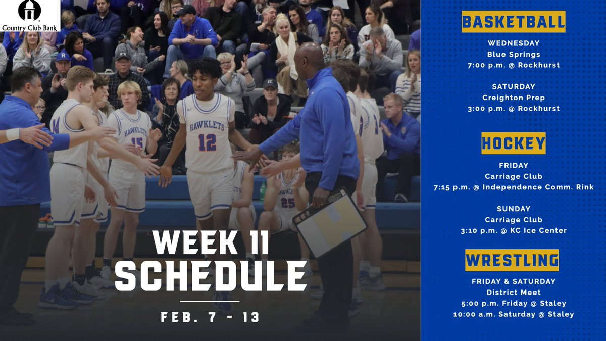 GoHawklets's tweet photo. Week 11 in Hawklet Athletics is presented by 
@countryclubbank! Basketball Hawklets (11-8) host Blue Springs on Wed. &amp; Creighton Prep on Sat. @rockhursthockey (9-6-2) has two games against Carriage Club. @HawkletWrestle has Districts at Staley on Friday &amp; Saturday. Rock State! https://t.co/4Ts5uc0Gut