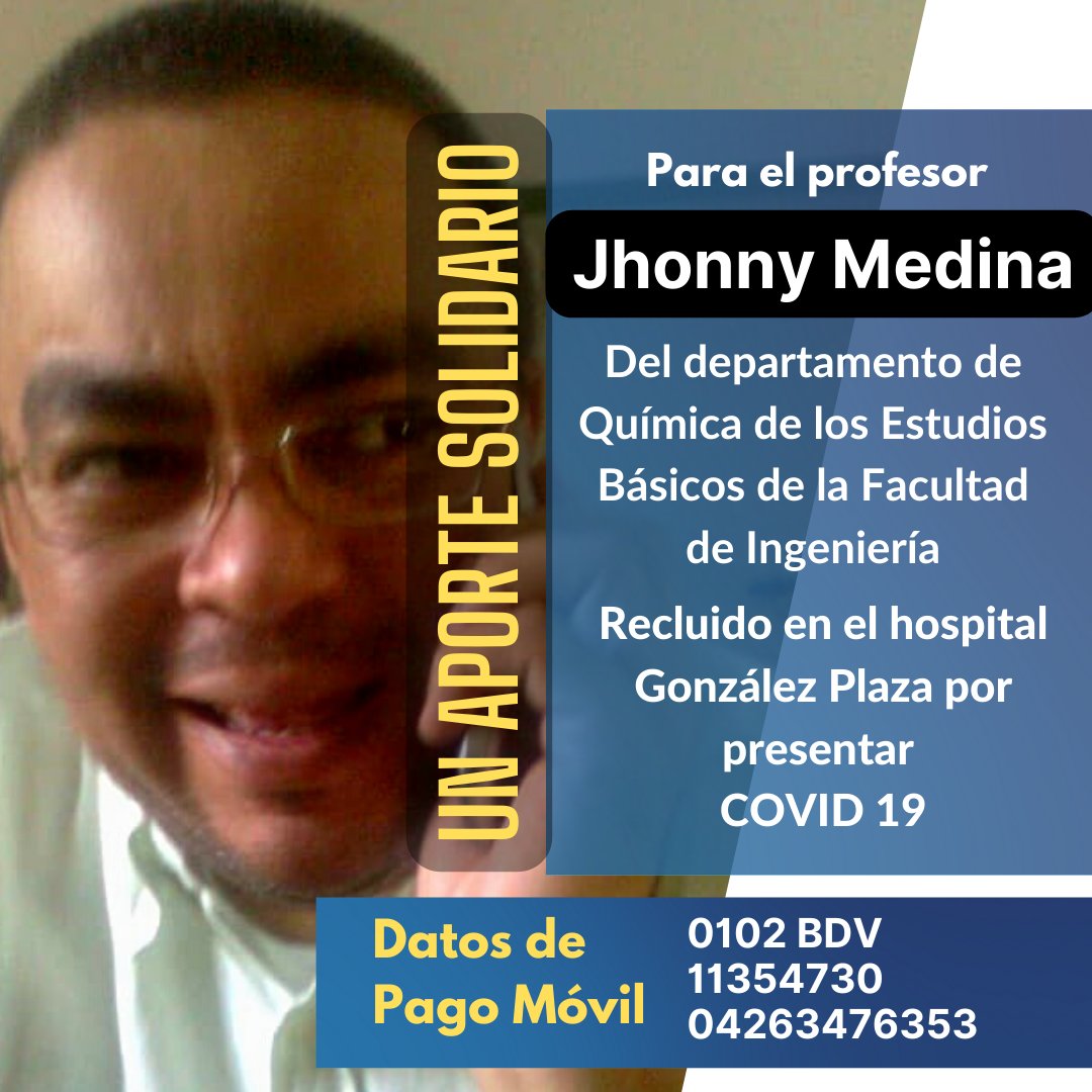 Nuestro compañero Jhonny Medina está hospitalizado en el González Plaza motivado al COVID 19 y requiere de nuestras oraciones y de nuestro aporte monetario
Por favor RT