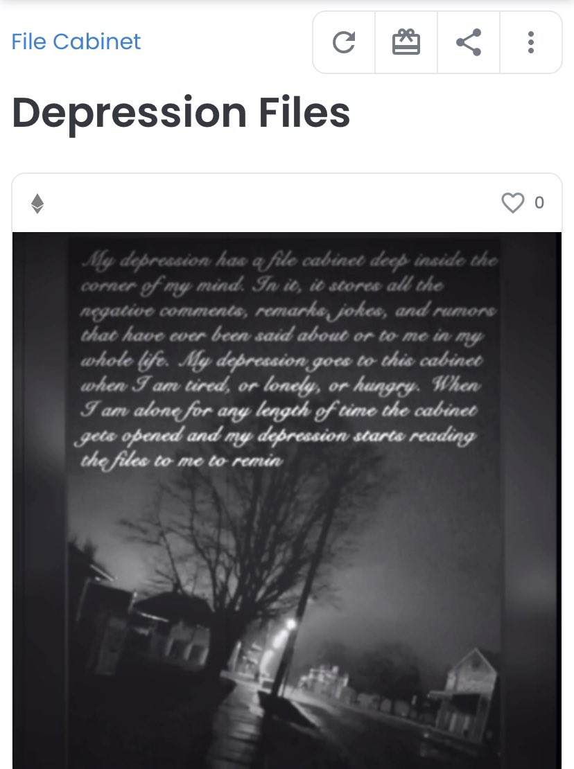 EddieLee21_'s tweet photo. ~111~ limited edition #NFTs of my writing I did about #depression and how it’s an internal battle at times. Price is  from 0.05 - 0.09 #ETH for the first 8 pieces then 0.111 $ETH on up. #NFTcommunity #mentalhealth #OpenSeaCollection https://t.co/lTtvEGpI7W https://t.co/CSNd99Jer5