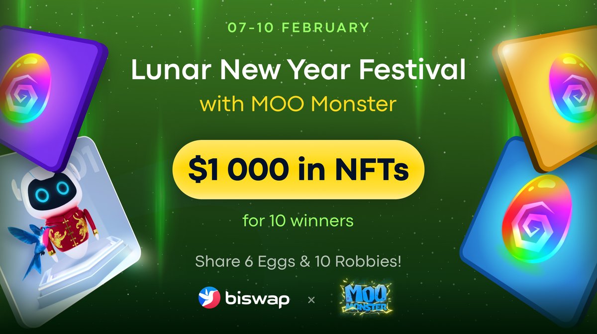 🏮$1 000 in Biswap &amp; Moo Monster NFTs via Lunar Festival!🏮

📅7-10 FEB
💰Prize: 16 NFTs
🤴Winners: 10

Terms:
1️⃣Follow <a href="/Biswap_Dex/">Biswap</a> &amp; <a href="/MooMonsterNFT/">Moo Monster</a>
2️⃣Like the tweet &amp; make quote retweet with BEP-20 wallet
3️⃣Fill out: bit.ly/3IPSIsr

Details:
bit.ly/3GdPnld