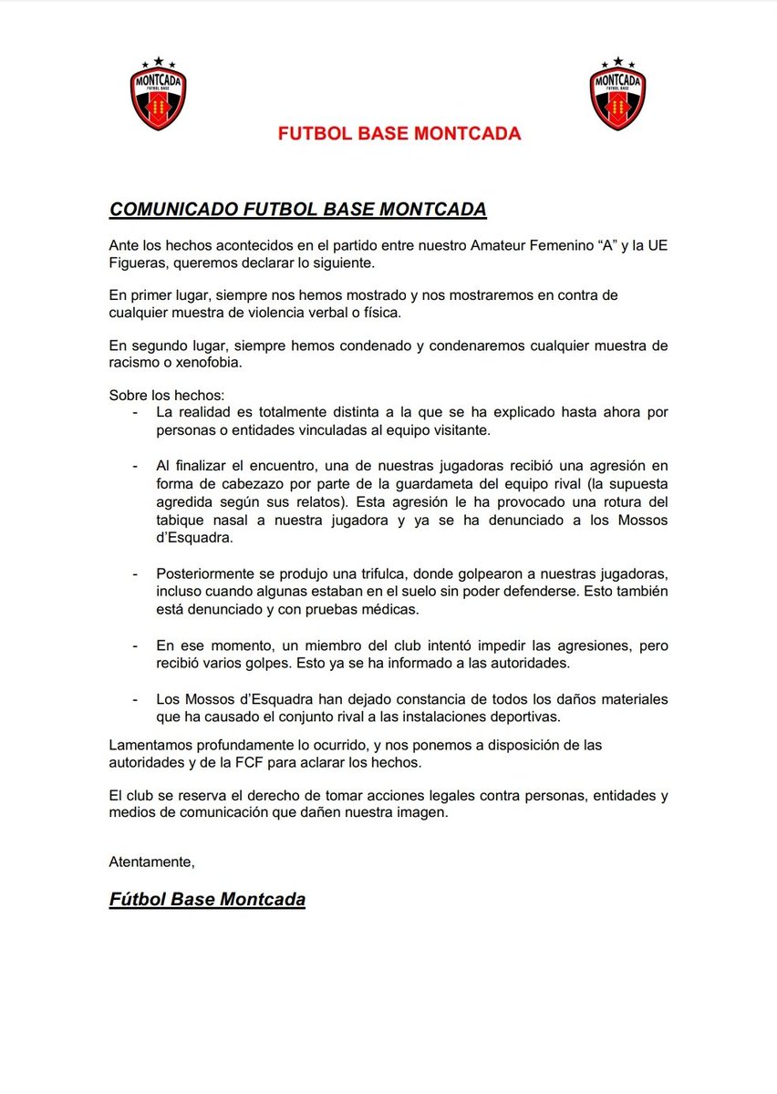 📝 Comunicado del club en relación a los hechos producidos en el partido entre nuestro Amateur Femenino "A" y la UE Figueras. 

#orgullodeMontcada