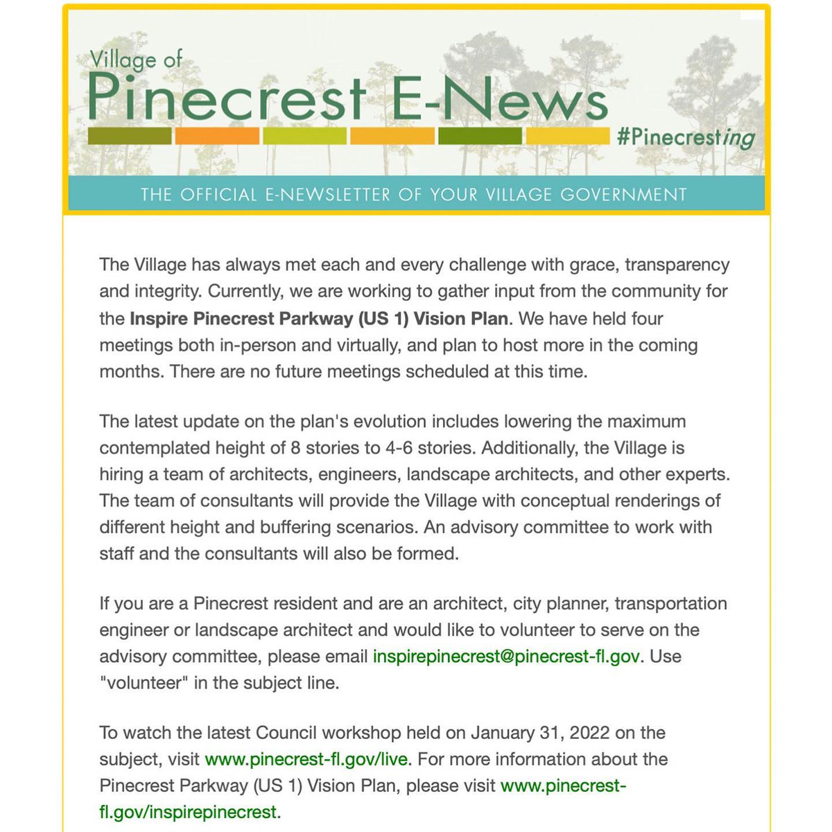PinecrestPolice's tweet photo. ⭐️ Subscribe to the official Pinecrest e-newsletter by visiting link in bio.

✅ Check out what's going on in the Village in February! 🧘‍♀️This month's e-newsletter has all the information you need to know in one place.

#pinecresting #pinecrest #pinecrestkind #localgov https://t.co/SadvczbzrT