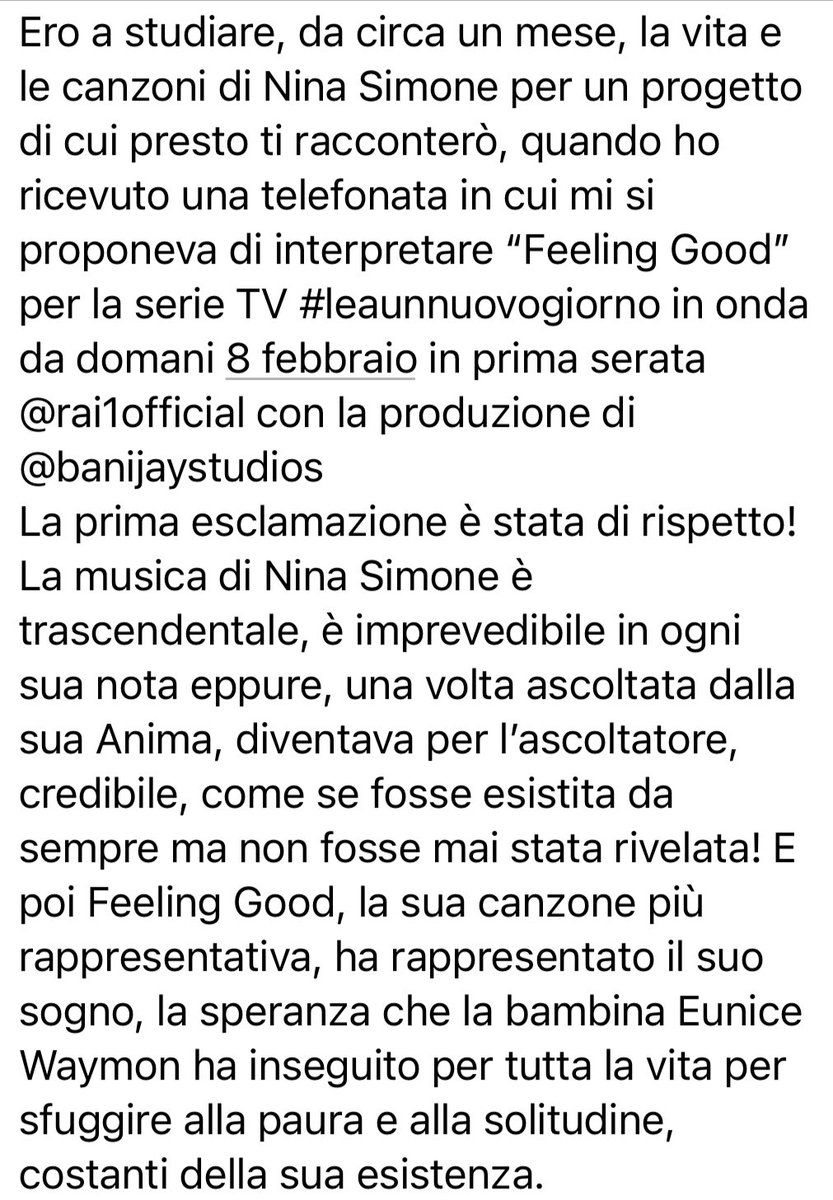 ManuDolcenera's tweet photo. Dall’8 febbraio Nuovo Giorno Nuova Luce #feelinggood Ero a studiare da circa un mese le canzoni di Nina Simone quando ho ricevuto la proposta di scrivere un testo e interpretare “Feeling Good”per la #serieTV #Leaunnuovogiorno in onda da domani su @RaiUno produzione @BanijayItalia https://t.co/5zxr1CZTDX