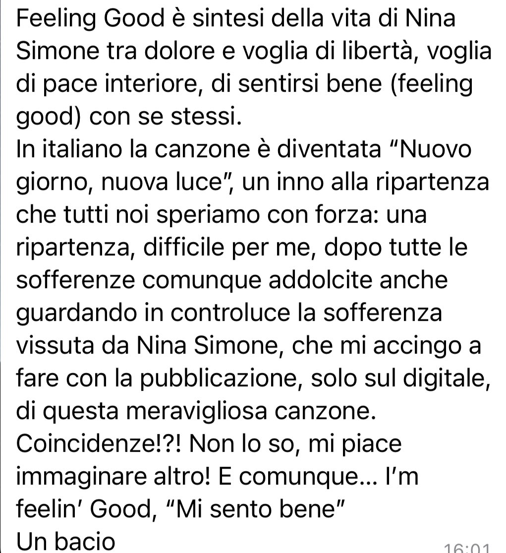 ManuDolcenera's tweet photo. Dall’8 febbraio Nuovo Giorno Nuova Luce #feelinggood Ero a studiare da circa un mese le canzoni di Nina Simone quando ho ricevuto la proposta di scrivere un testo e interpretare “Feeling Good”per la #serieTV #Leaunnuovogiorno in onda da domani su @RaiUno produzione @BanijayItalia https://t.co/5zxr1CZTDX