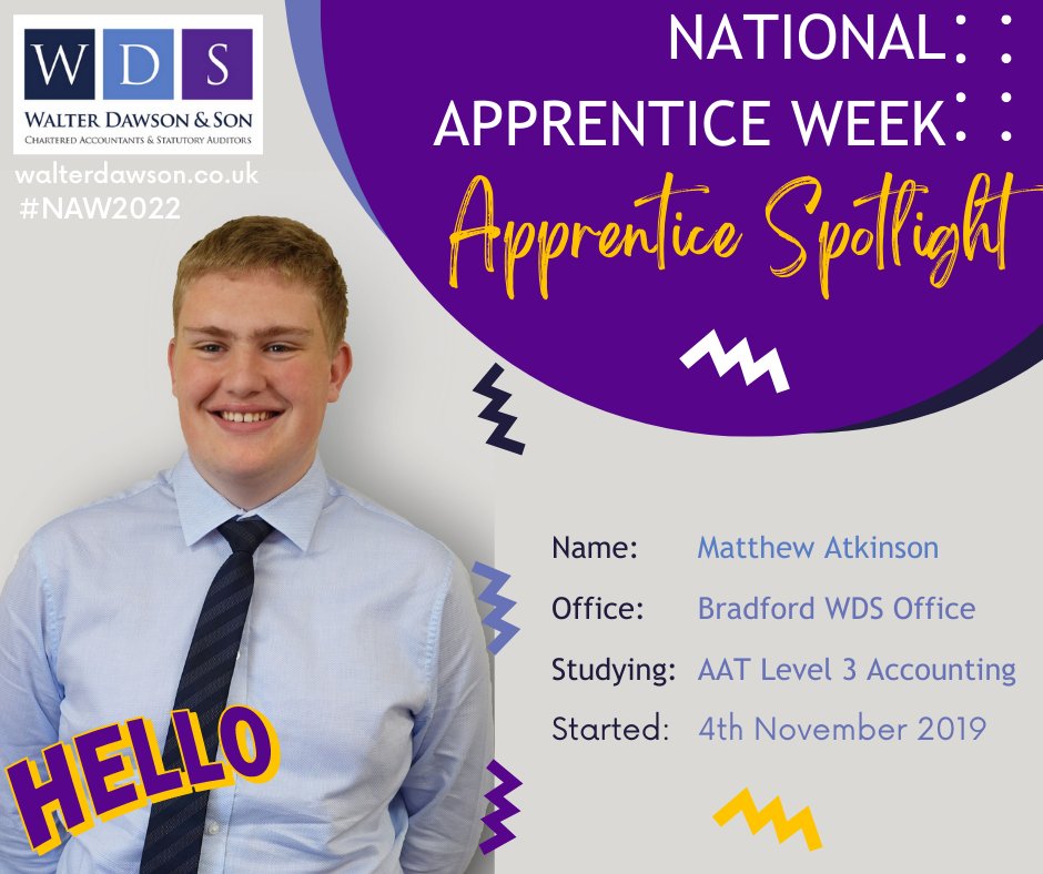 WDSaccountants's tweet photo. Today marks the launch of #NationalApprenticeshipWeek 2022 and here's one of our apprentices Matthew to tell you all about his apprentice journey with Walter Dawson & Son so far.
#NAW2022 #NAW22 #TeamWDS https://t.co/53UrgEFPNb