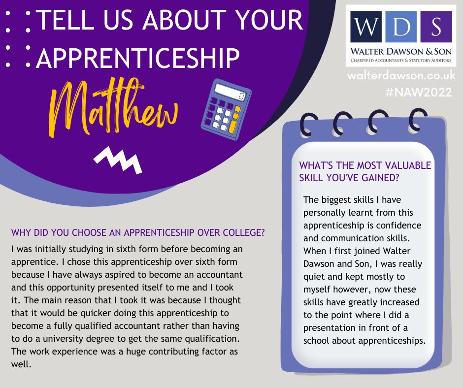 WDSaccountants's tweet photo. Today marks the launch of #NationalApprenticeshipWeek 2022 and here's one of our apprentices Matthew to tell you all about his apprentice journey with Walter Dawson & Son so far.
#NAW2022 #NAW22 #TeamWDS https://t.co/53UrgEFPNb