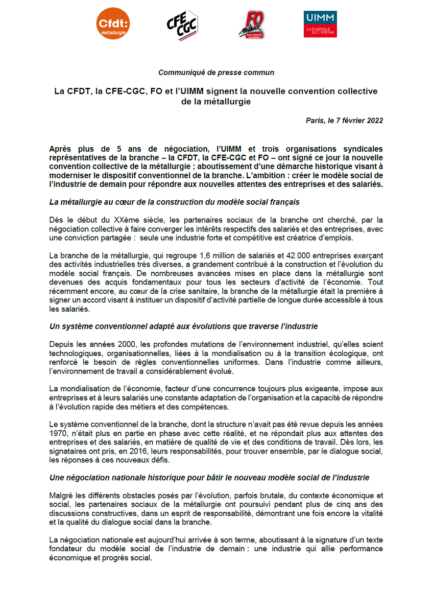 Metalcfecgc's tweet photo. [Communiqué de presse] 📢📢📢
 
🖊️ La @Metalcfecgc, la CFDT, FO et l’UIMM signent la nouvelle Convention Collective de la Métallurgie
 
A lire ici ➡️ https://t.co/qawpoUvL6Z
 
#ConventionCollective #Métallurgie #CFECGC @gabfd @FABOO73 @bobenone @cthieffinne @menardovfr @olivcl https://t.co/2VAKBKY78Y