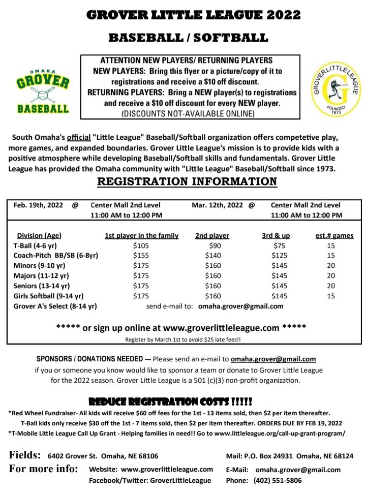 There's still time to register, but don't wait! Teams/Divisions are filling up. 

Grover LL will host 2 more registration events @ The Center Mall on Feb 19 and Mar 12 from 11am-12pm

Or sign up online anytime at:
groverlittleleague.com
Register by March 1 to avoid $25 fees!!!