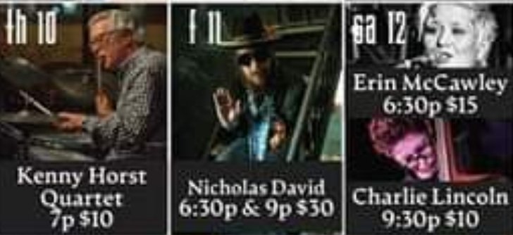 This week! 

Thursday - Kenny Horst and his Quartet are back!

Friday - Date night 🥰 3rd place winner of The Voice NICHOLAS DAVID 

Saturday - First show Erin McCawley's Harrison Street Band

Saturday - Second show Charlie Lincoln part of Saturday Night Jazz at KJ's Hideaway!