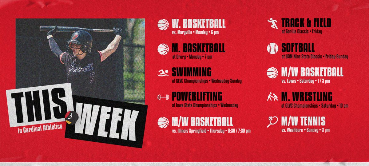 💎 sports and winter championships are here! 

🥎 Season opener❗️
🏊🏽‍♀️ GLVC Championships
🤼‍♂️ GLVC Championships 
🏀 Senior Day (Sat)
🎾 Home on Sunday
🏋️‍♀️🏃🏾‍♂️ On the road