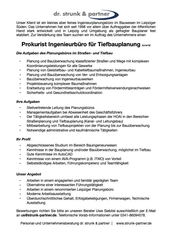 #Prokurist (m/w/d) für renommiertes Ingenieur-Planungsbüro im #Tiefbau in #Leipzig gesucht.