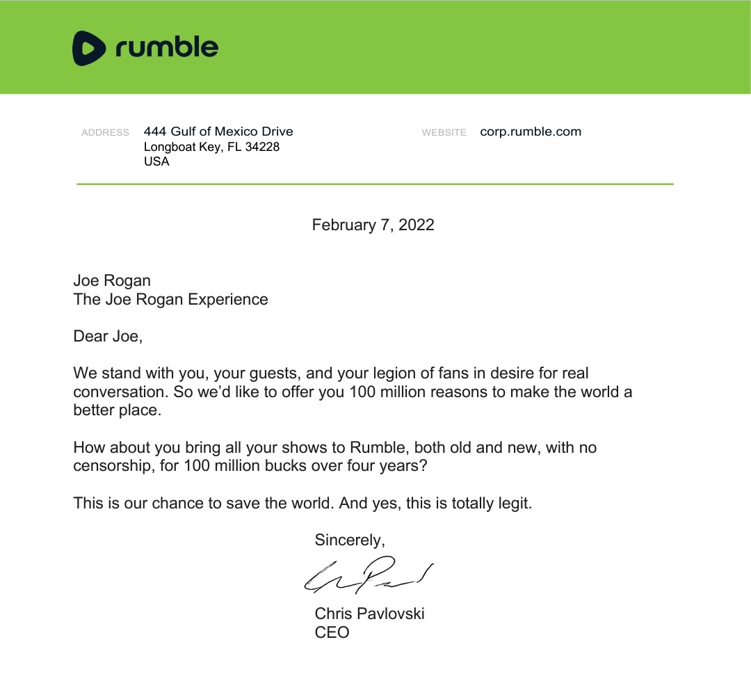 RT @rumblevideo: Hey @joerogan, we are ready to fight alongside you. See the note from our CEO @chrispavlovski... https://t.co/G7ahfNNjtP