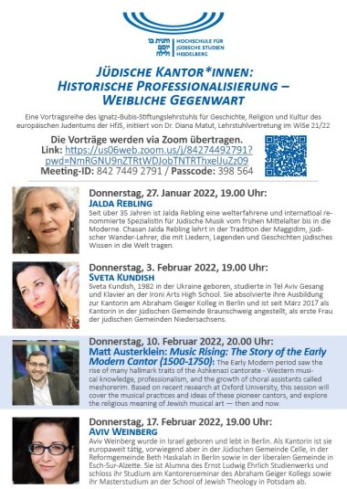 JuedStudien's tweet photo. #SavetheDate | Jüdische Kantor*innen: Historische Professionalisierung - Weibliche Gegenwart 💪🤵🏽‍♀️
Digitale Vortragsreihe der #HfJS 
Die nächsten Termine am 10. &amp; 17. Februar 2022
https://t.co/WtCz4hoWxx https://t.co/Rec4Ewxa7C