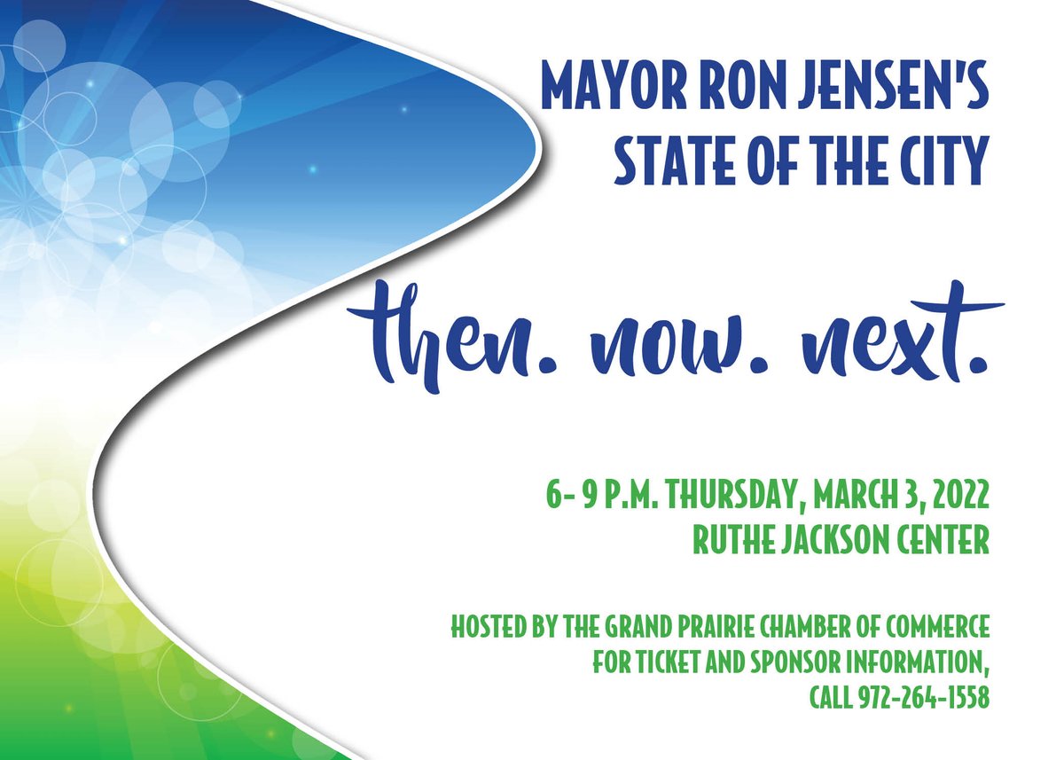 Join <a href="/MayorJensen2022/">Ron Jensen</a> for his annual State of the City, held on Thursday, March 3 at 6 p.m. at the Ruthe Jackson Center.  

State of the City is a fundraiser hosted by the <a href="/gptxchamber/">Grand Prairie Chamber</a>. Tickets are on sale now, ow.ly/2Wu450HOclC. #GPTX