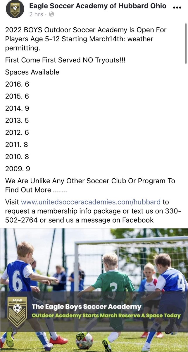 If any one is considering to join a soccer program that focuses on the growth and development of the player. And less about just winning and focusing and what is right. Please don’t hesitate to join <a href="/EagleSocAcademy/">Eagle Soccer Academy of Hubbard Ohio</a> Many great coaches,and ready serve the community.<a href="/CReinard8/">Cory Reinard</a>