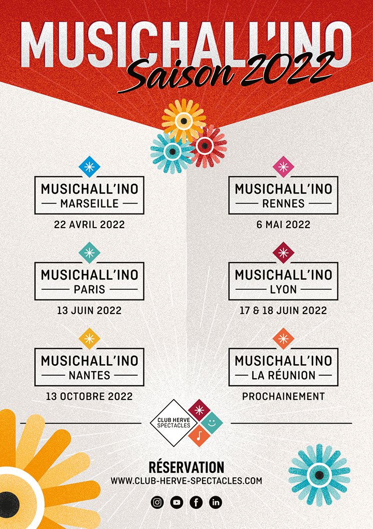 🤩 𝗠𝗨𝗦𝗜𝗖𝗛𝗔𝗟𝗟'𝗜𝗡𝗢 𝗦𝗮𝗶𝘀𝗼𝗻 𝟮𝟬𝟮𝟮
Après 2 ans d'absence pour certaines de nos représentations, c'est avec une immense joie que nous vous annonçons les prochaines dates de tous nos spectacles MUSICHALL'INO pour l'année 2022.
Réservez dès maintenant !