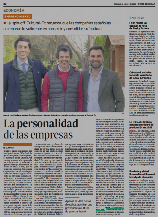 🆕🗞️📰 Nuestros socios <a href="/alealrguez/">A.L. Leal-Rguez</a>, <a href="/comunicatin/">Valentín Escribano</a> y <a href="/CarlosSanchisP/">Carlos Sanchís 🇪🇸</a> aparecieron el pasado sábado en <a href="/diariosevilla/">Diario de Sevilla</a> y todas las cabeceras de <a href="/grupojoly/">Grupo Joly</a> para hablar sobre la Spin-off de la <a href="/unisevilla/">Universidad de Sevilla</a> @CulturalFit_ y la importancia de contar con una Auditoria de #cultura y #valores