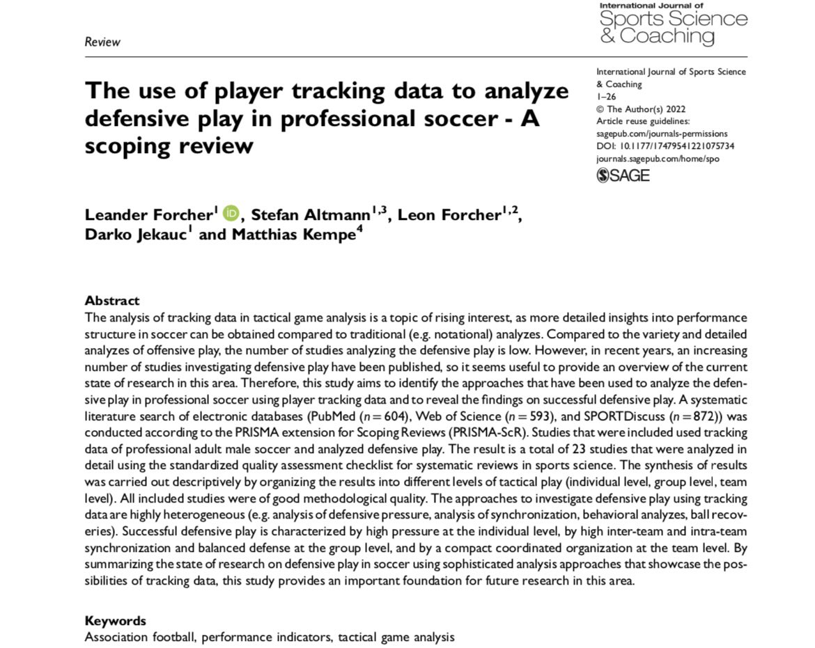 NEW PUBLICATION
in International Journal of Sports Science &amp; Coaching

Quantification of Defensive Perfomance using Tracking Data in Soccer

NEW INSIGHTS ABOUT DEFENSIVE KEY PERFORMANCE INDICATORS

journals.sagepub.com/doi/10.1177/17…

<a href="/StefanAltmann3/">Stefan Altmann</a> 
<a href="/ForcherLeon/">Leon Forcher</a> 
@kempe_matthias