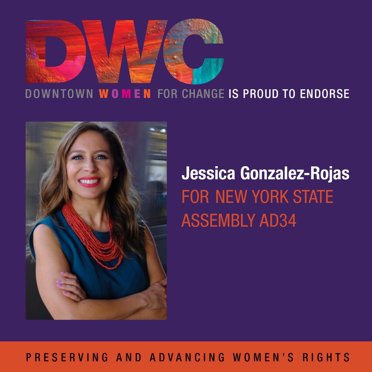 DowntownWomen's tweet photo. DWC is proud to endorse Jessica Gonzalez-Rojas
@votejgr for New York State Assembly AD34!
#votejgr #jessicagonzalezrojas #endorsement #NYStateAssembly https://t.co/bpXL3JgTiQ