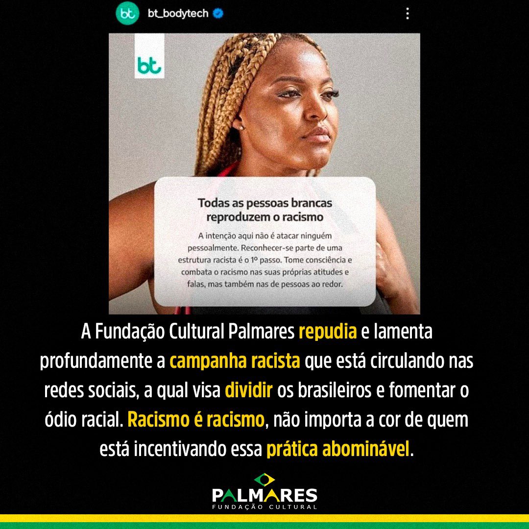 Biakicis's tweet photo. Que vergonha essa campanha! Apoio à @PalmaresGovBr  Parem de tentar dividir as pessoas, somos todos seres humanos! #bodytechracista https://t.co/1LMSdCiQIJ
