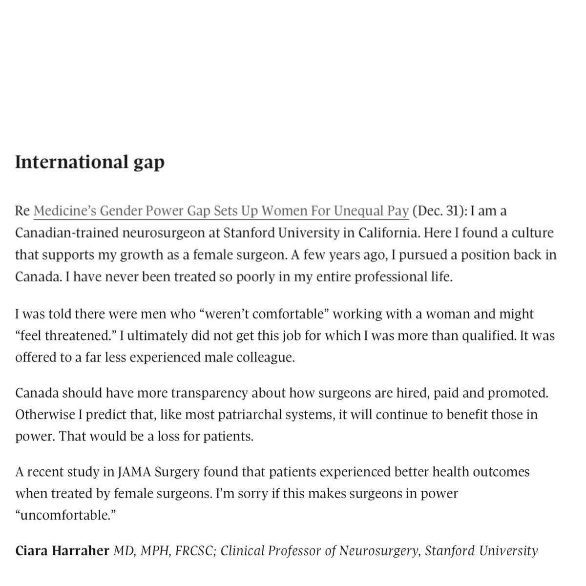 robyndoolittle's tweet photo. A Letter to the Editor about the #PowerGap in Medicine from Dr. @SantaCruzNeuro, a Canadian trained neurosurgeon who moved to the US because of barriers she encountered here. https://t.co/7Lwztnx4eo https://t.co/T7FhefaJXS
