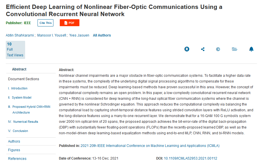 Abtin's paper on 'Efficient Deep Learning of Nonlinear Fiber-Optic Communications Using a Convolutional Recurrent Neural Network' has been selected to be included as a chapter in Springer’s upcoming book on ‘Deep Learning Applications’!