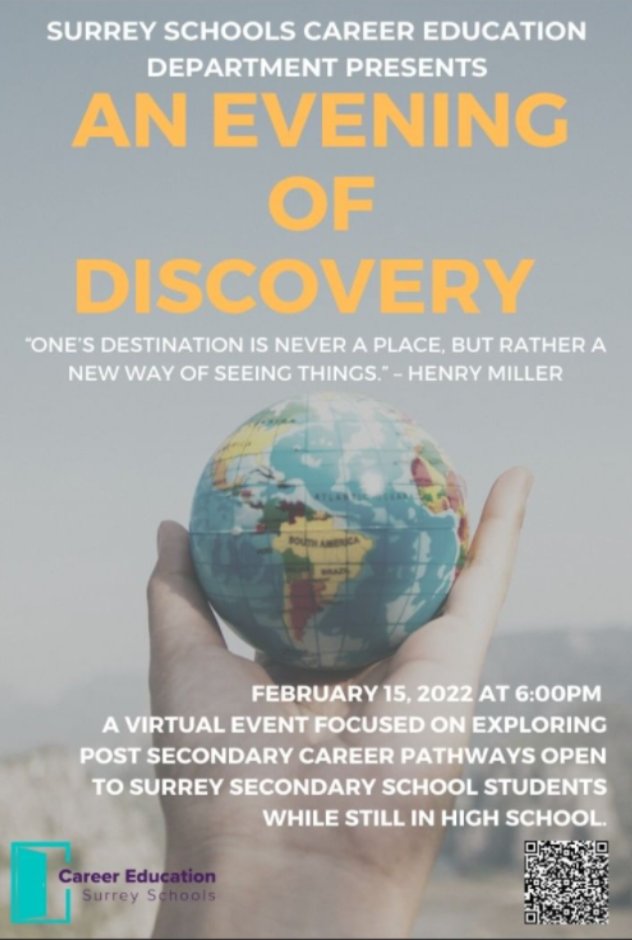EduFunder's tweet photo. Join the Surrey School District's Career Education Department for "An Evening of Discovery"

Date and Time: February 15, 2022 at 6:00pm

Registration Link: https://t.co/s8aAN67IEY https://t.co/7iIZtQ67e8