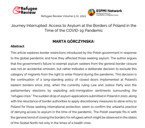 RefugeeReview's tweet photo. In her article for @RefugeeReview @MarGorczynska from @UniWarszawski looks at #asylum &amp; analyses violations of #nonrefoulement principle in #Poland 🇵🇱 during #COVID19 
#Refugees #border #refuge 

Read 👉 https://t.co/pziKYDdgIf https://t.co/EWoUdvurVz