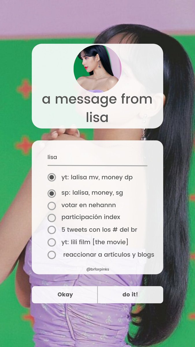 brforpinks's tweet photo. 💬 . . . a message from lisa ¡!

dinámica para el br y stream de lisa 
블랙핑크 리사 #LISA #리사 #リサ #BLACKPINK #블랙핑크 @BLACKPINK https://t.co/akuXDSaMLY