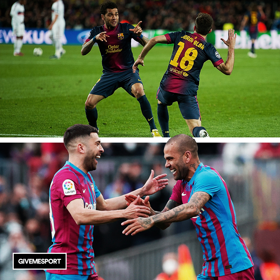 GiveMeSport's tweet photo. 📅 2013 ➡️ 2022. 

🤩 @DaniAlvesD2 &amp; @JordiAlba bringing the good times back to @FCBarcelona! https://t.co/lXqEBsv8mf