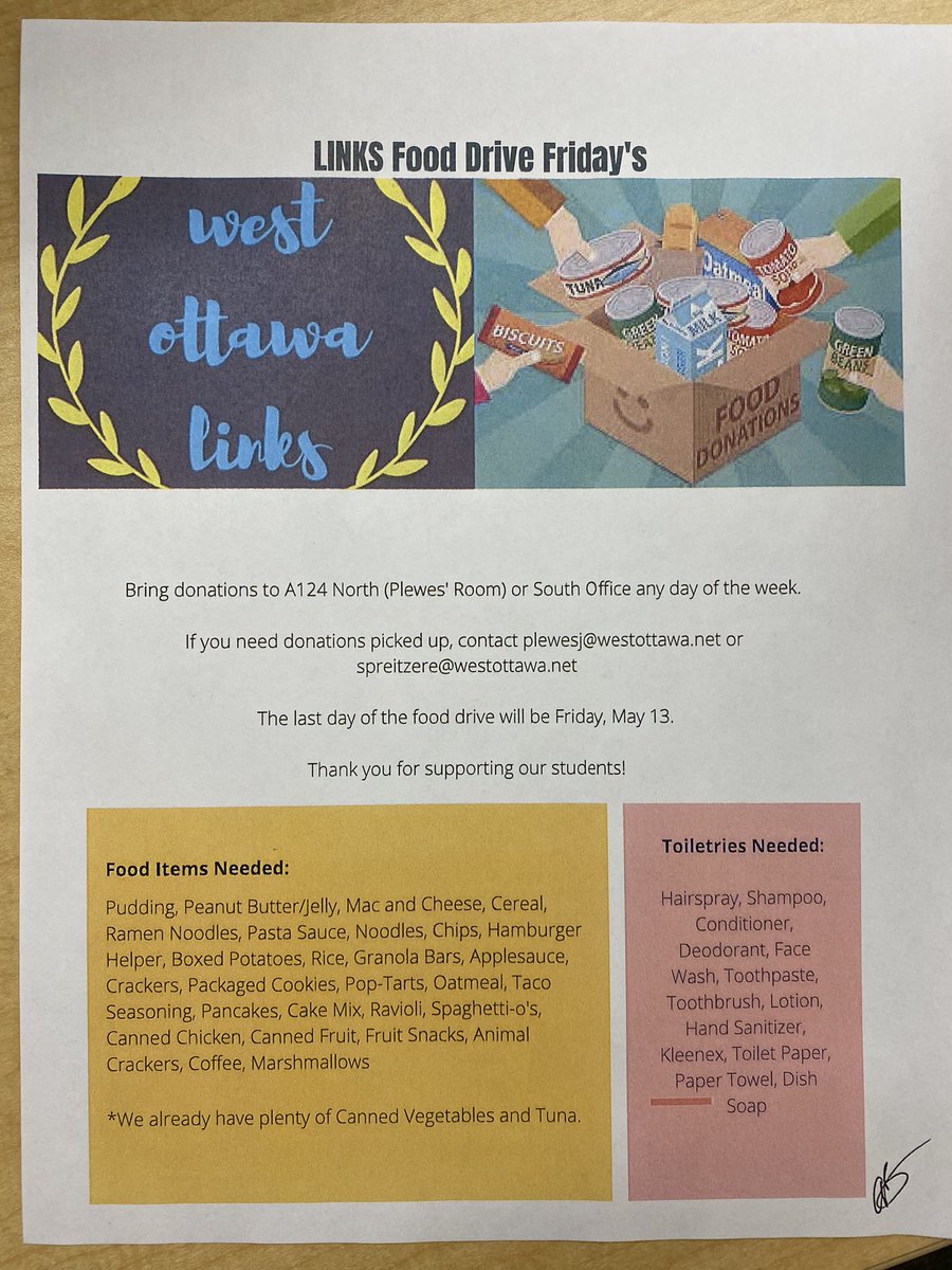 WestOttawaLinks's tweet photo. Support LINKS Food Drive by donating  food. We will be collecting throughout the year to help students in need. #gowo https://t.co/zktW0vN53K