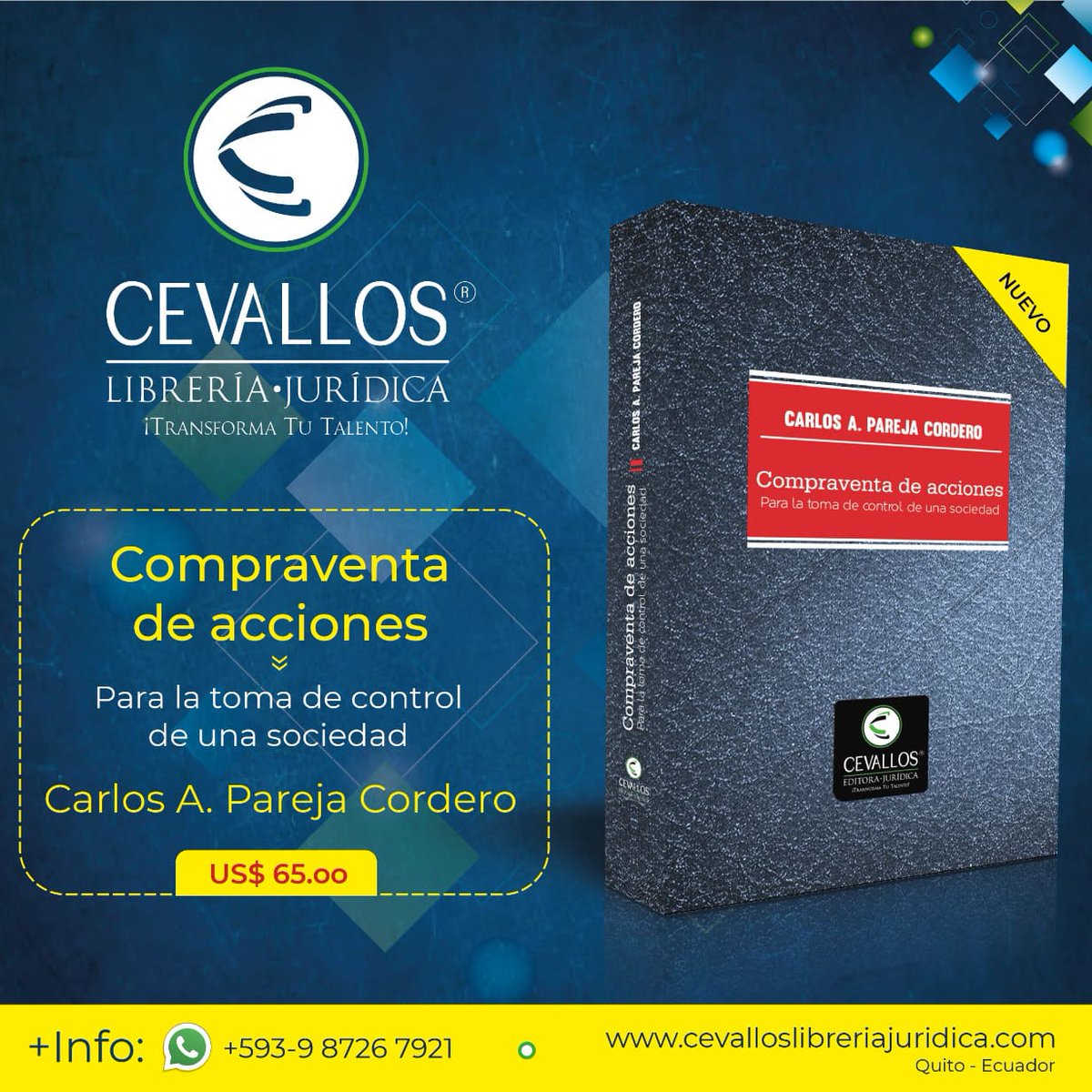 CevallosLib's tweet photo. Transforma tu talento con este excelente ejemplar Compraventa de Acciones Para la toma de control de una sociedad Autor Carlos Pareja Cordero PVP 65 dólares
Encuéntralo en nuestros 2 locales a través de #WhatsApp 0987267921 realizamos envíos a nivel nacional
#LibrosRecomendados https://t.co/LKxPEA3C0o