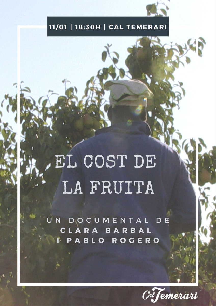 📽️🍏No us perdeu la projecció de "El cost de la fruita". Un documental de <a href="/clarabarbal/">Clara B.</a> i <a href="/PabloRogero/">Pablo Rogero San José</a> estrenat el juny de 2020 i que ha obtingut el premi al Millor documental Som Cinema del Festival Visual Art.

📅Divendres 11 de febrer 

⏰18:30  

📍Cal Temerari