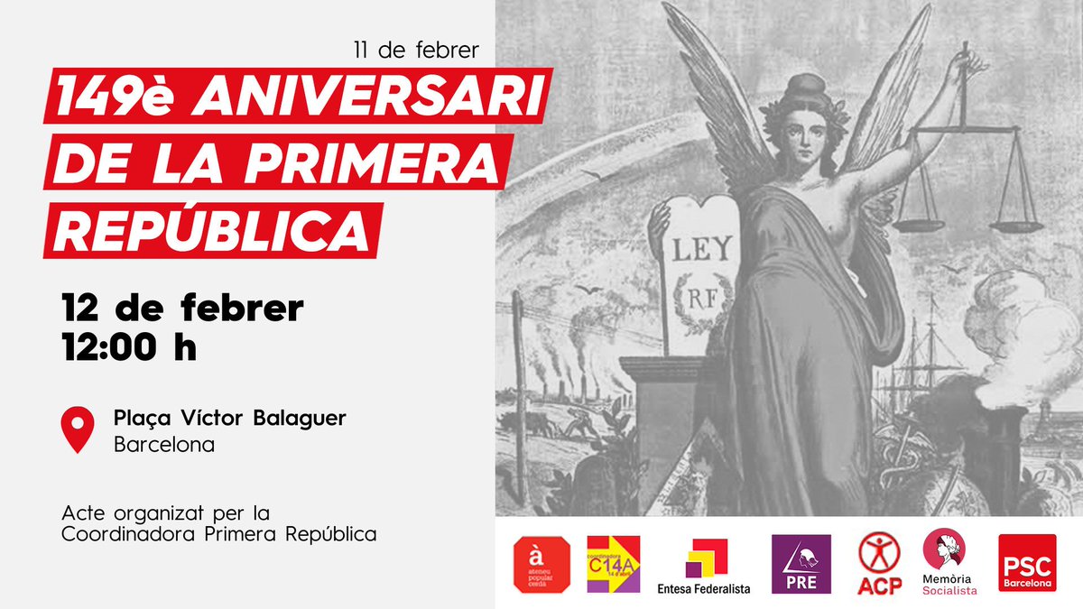 Aquest proper dissabte 12 de Febrer a migdia, recordem que fa 149 anys es va proclamà la Primera República a Espanya. Vine amb nosaltres i unim el federalisme d'ahir amb el d'avui i el demà!