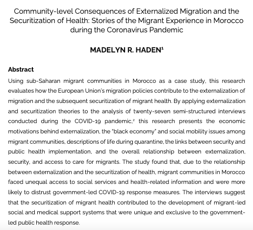 RefugeeReview's tweet photo. Article from the latest volume of @RefugeeReview 

Madelyn Haden @HadenMaddie from @Cambridge_Uni  explores the consequences of #externalization &amp; #securatization of #Health for #migrants in #Morocco 🇲🇦during #COVID19 

Read 👉 https://t.co/mTuQZAZ9O6 https://t.co/ESiiPEHwPh