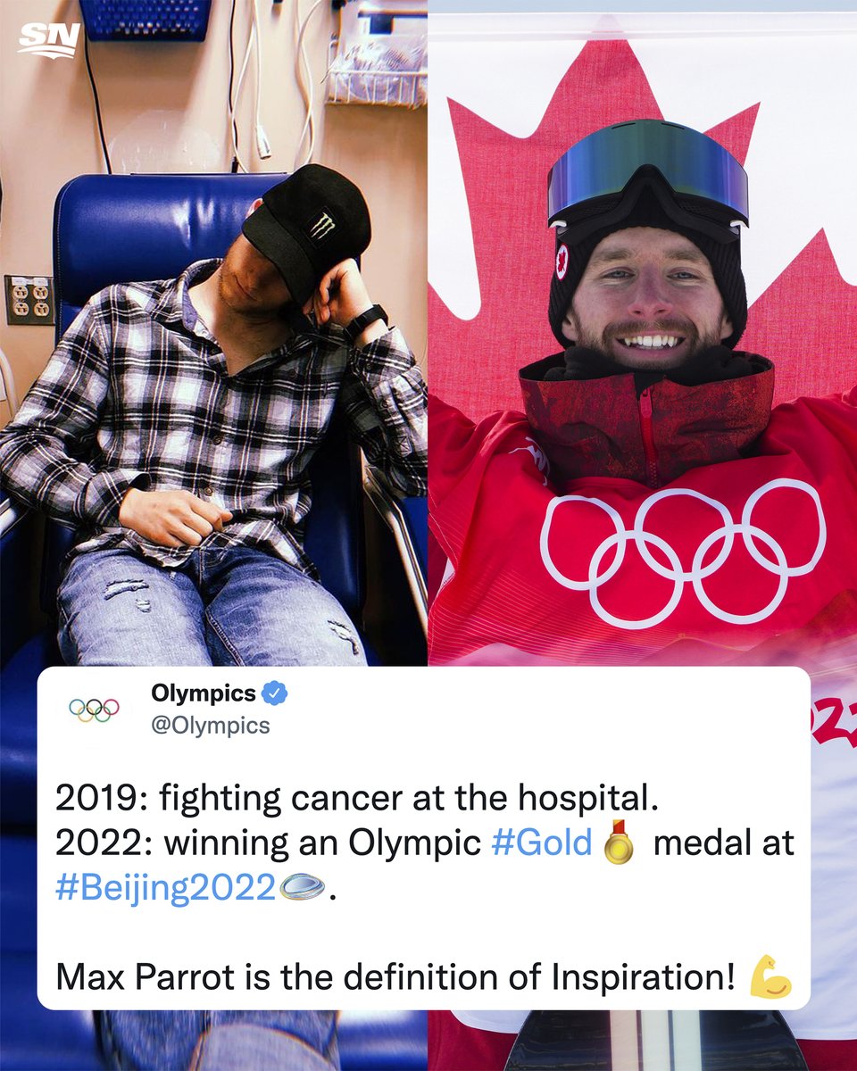 Sportsnet's tweet photo. Three years after battling Hodgkin's lymphoma and undergoing 12 rounds of chemotherapy, @MaxParrot is an Olympic champion! 🥇👏 

#Beijing2022 | #TeamCanada https://t.co/1CKR0GzyCr