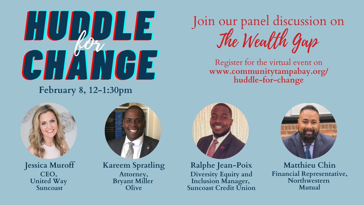 Huddle for Change dialogue on The Wealth Gap is only 1 day away! We are excited to see you all tomorrow at 12 pm to discuss ways how we can work together towards bridging the wealth gap. Click the link to sign up for our community conversation: rb.gy/ta80rs <a href="/TampaBayLV/">Tampa Bay Super Bowl LV Host Committee</a>